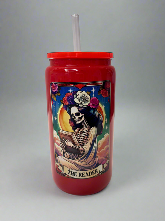 The Reader Tarot Card - Red Glass Can Cup with Straw & Plastic Lid - 16oz