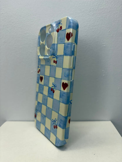 Blue Cherry Heart Checkered iPhone Case – 3D Wraparound Full Coverage Protective Phone Case for iPhone 14–16 Series