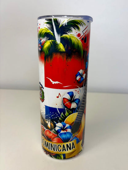 Republica Dominicana 20oz Stainless Steel Tumbler – Tropical Flag Design, Plastic Lid, Straw & Rubber Bottom