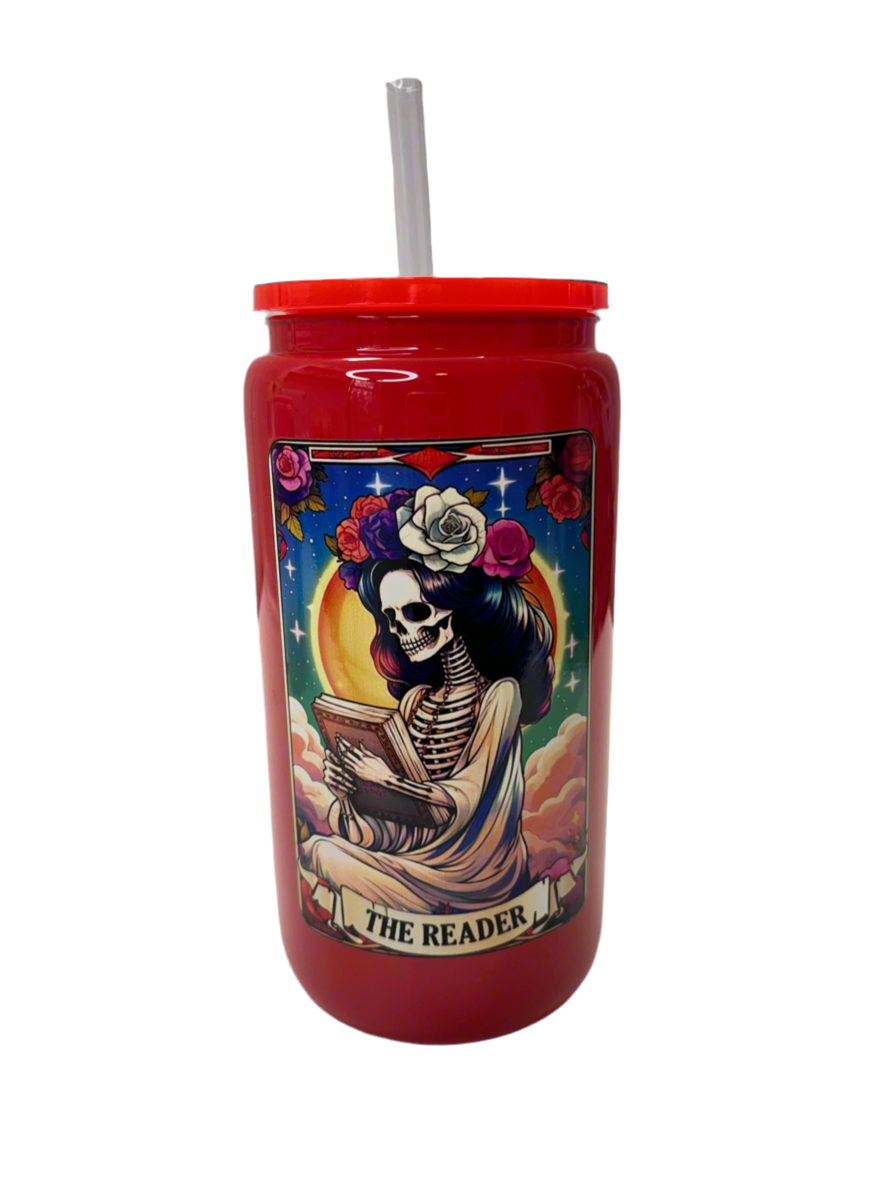 The Reader Tarot Card - Red Glass Can Cup with Straw & Plastic Lid - 16oz