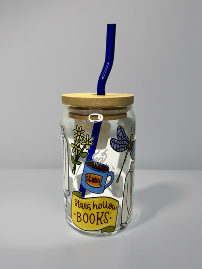 Stars Hollow Books Glass Can Cup with Blue Glass Straw & Bamboo Lid | Cozy Book Lover UV DTF Cup