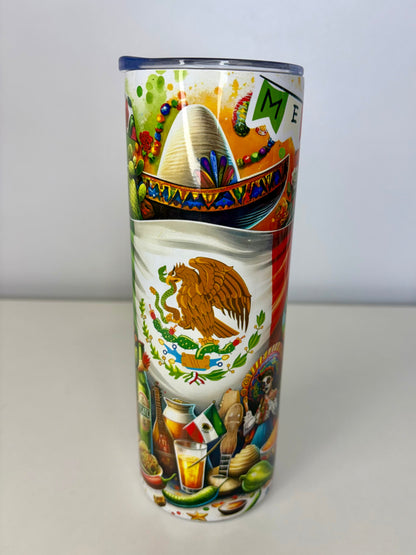 Mexico 20oz Stainless Steel Tumbler – Vibrant Mexican Design, Plastic Lid, Straw & Rubber Bottom