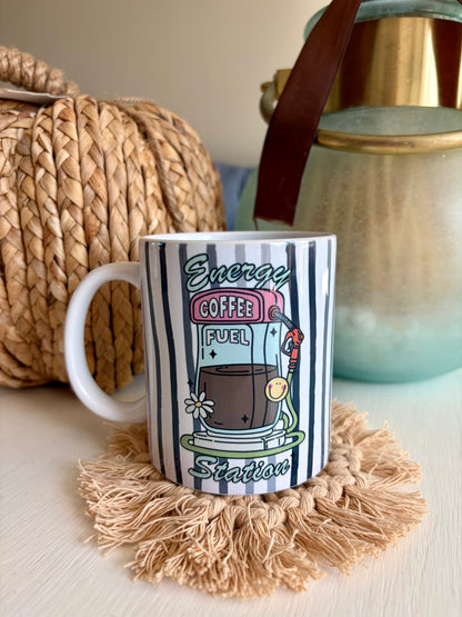 ☕ Energy Coffee Fuel Station Ceramic Mug – Cute Striped 11oz Coffee Cup