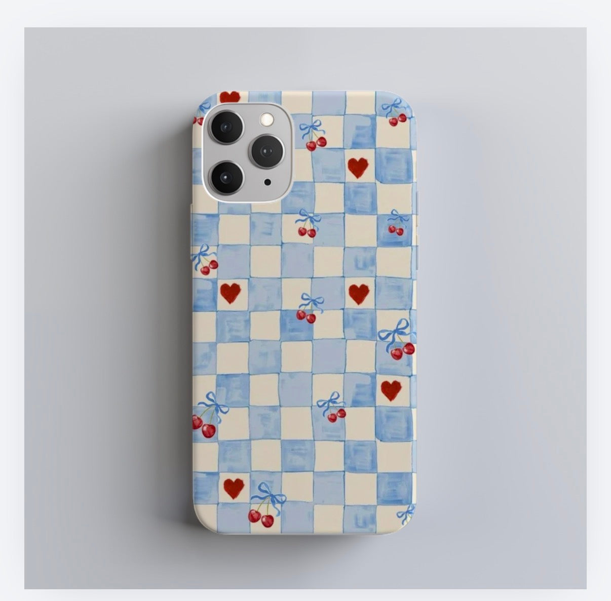 Blue Cherry Heart Checkered iPhone Case – 3D Wraparound Full Coverage Protective Phone Case for iPhone 14–16 Series