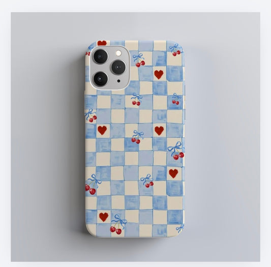Blue Cherry Heart Checkered iPhone Case – 3D Wraparound Full Coverage Protective Phone Case for iPhone 14–16 Series