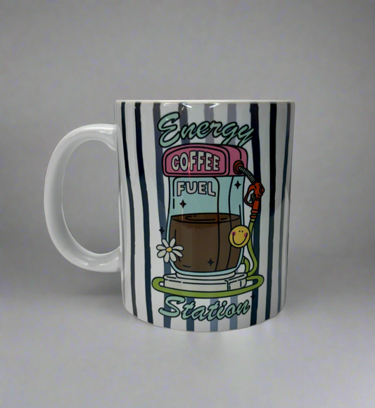 ☕ Energy Coffee Fuel Station Ceramic Mug – Cute Striped 11oz Coffee Cup