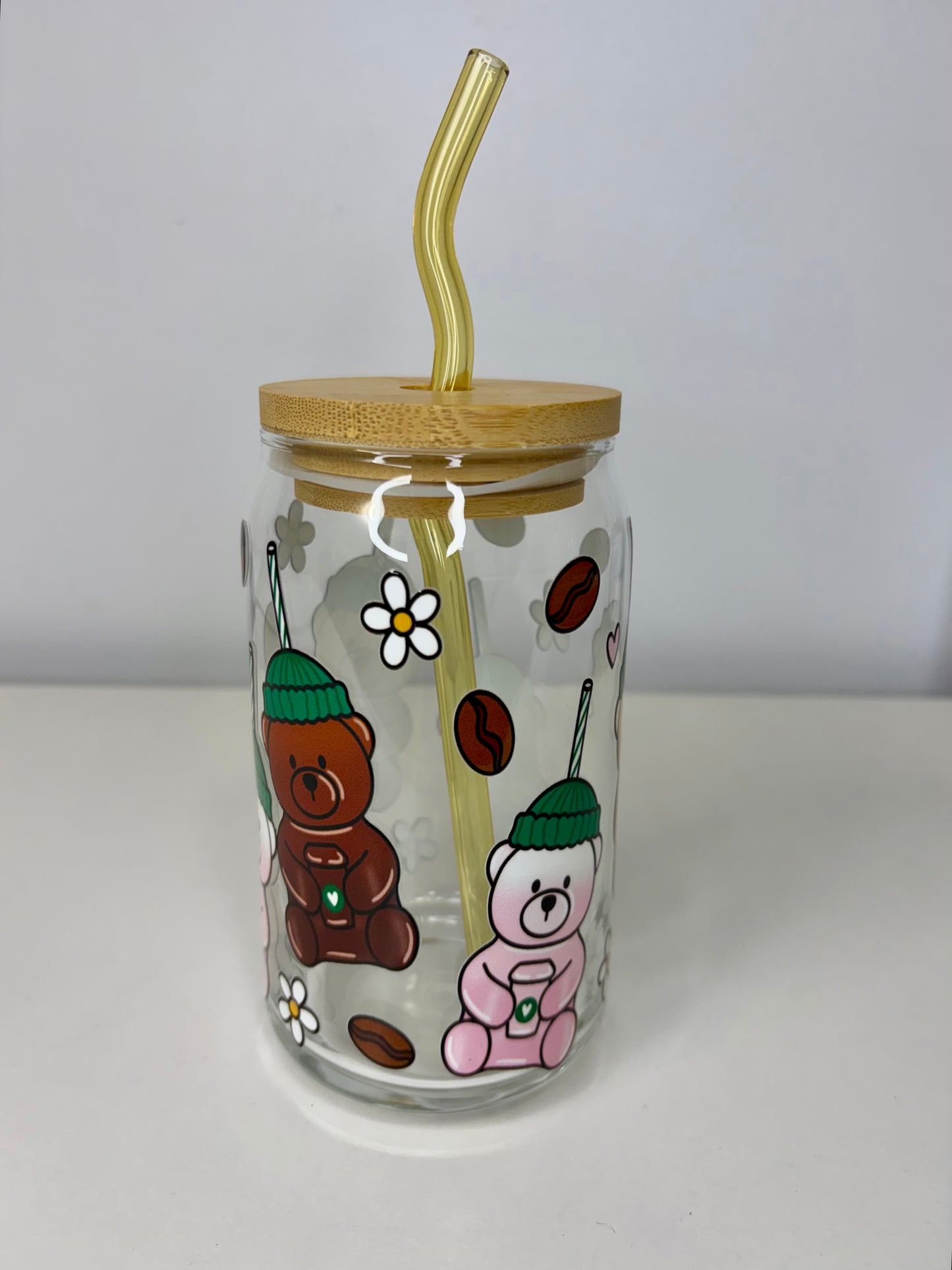 Coffee Bears Glass Can Cup, Bamboo Lid & Yellow Curved Glass Straw