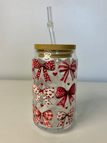 Red Bows Glass Can Cup, Bamboo Lid & Glass Straw