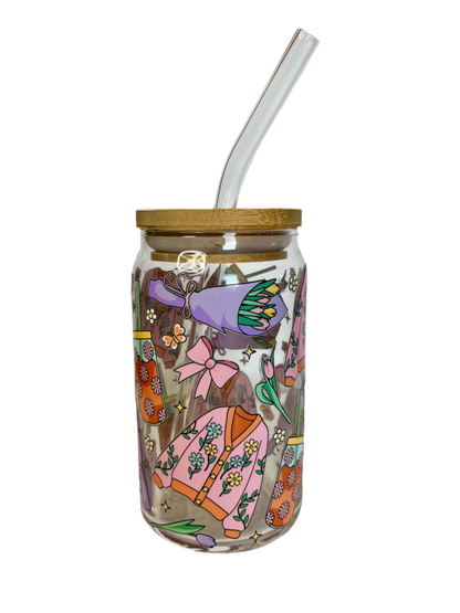 Spring Floral Cardigan Aesthetic Glass Cup with Bamboo Lid & Straw - 16oz