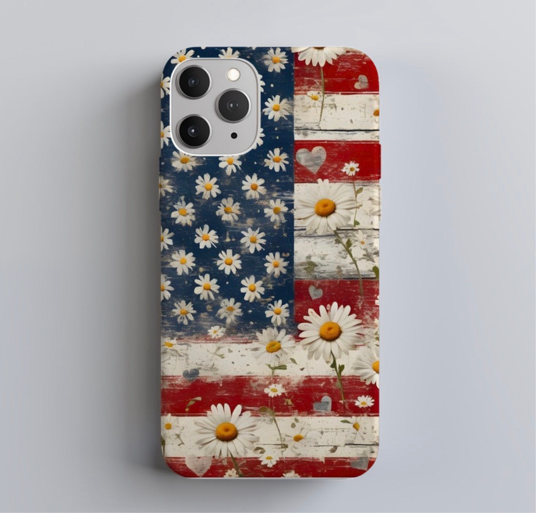 Vintage American Flag Daisy Full-Wrap iPhone Case | Floral USA Phone Cover for iPhone 14–16 Series