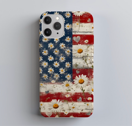 Vintage American Flag Daisy Full-Wrap iPhone Case | Floral USA Phone Cover for iPhone 14–16 Series