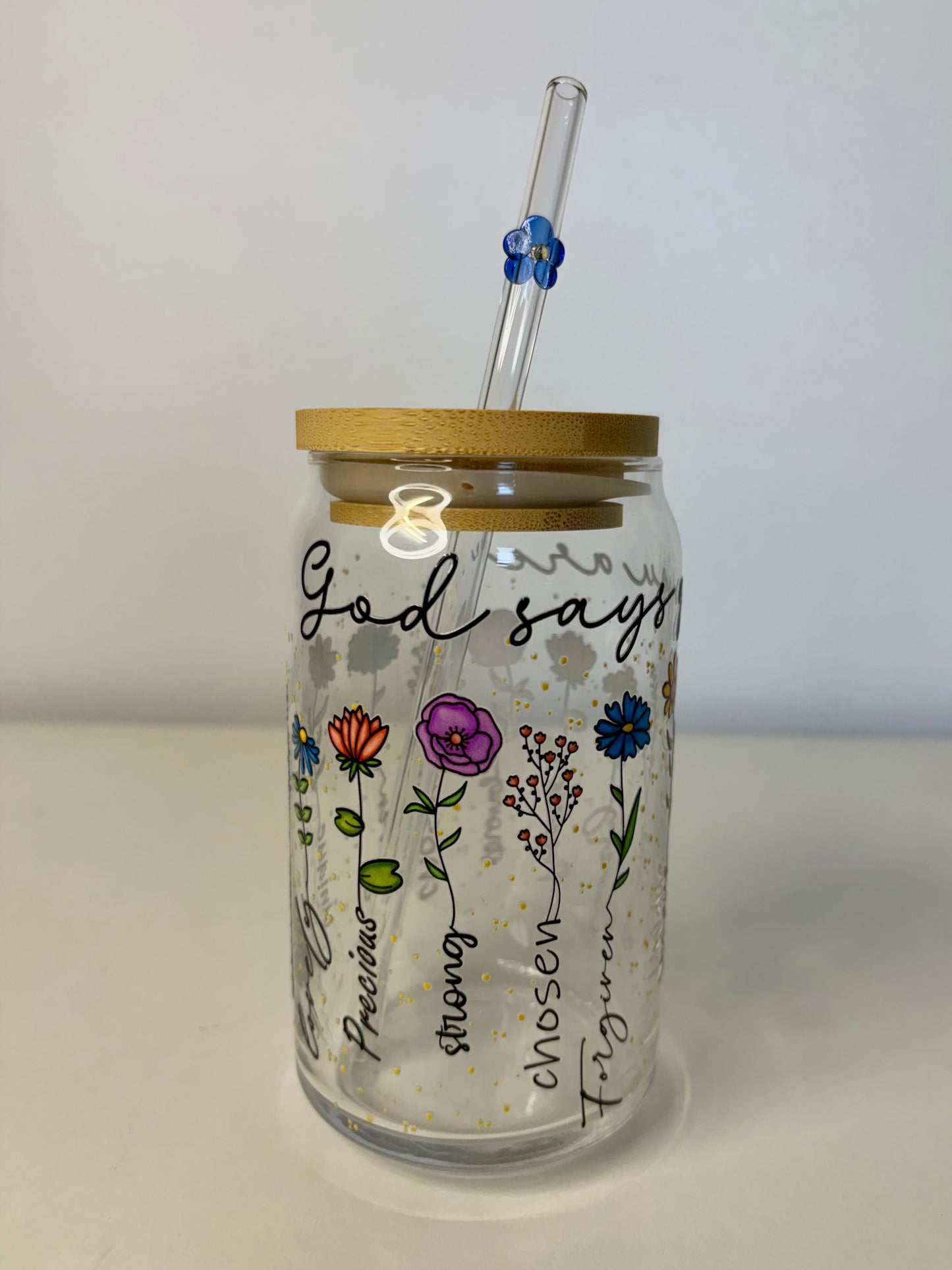 “God Says You Are” Glass Can Cup – UV DTF Christian Inspirational Cup, Flower Glass Straw & Bamboo Lid (16oz)