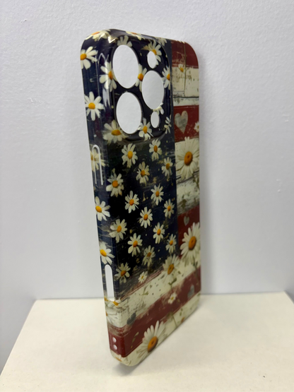 Vintage American Flag Daisy Full-Wrap iPhone Case | Floral USA Phone Cover for iPhone 14–16 Series