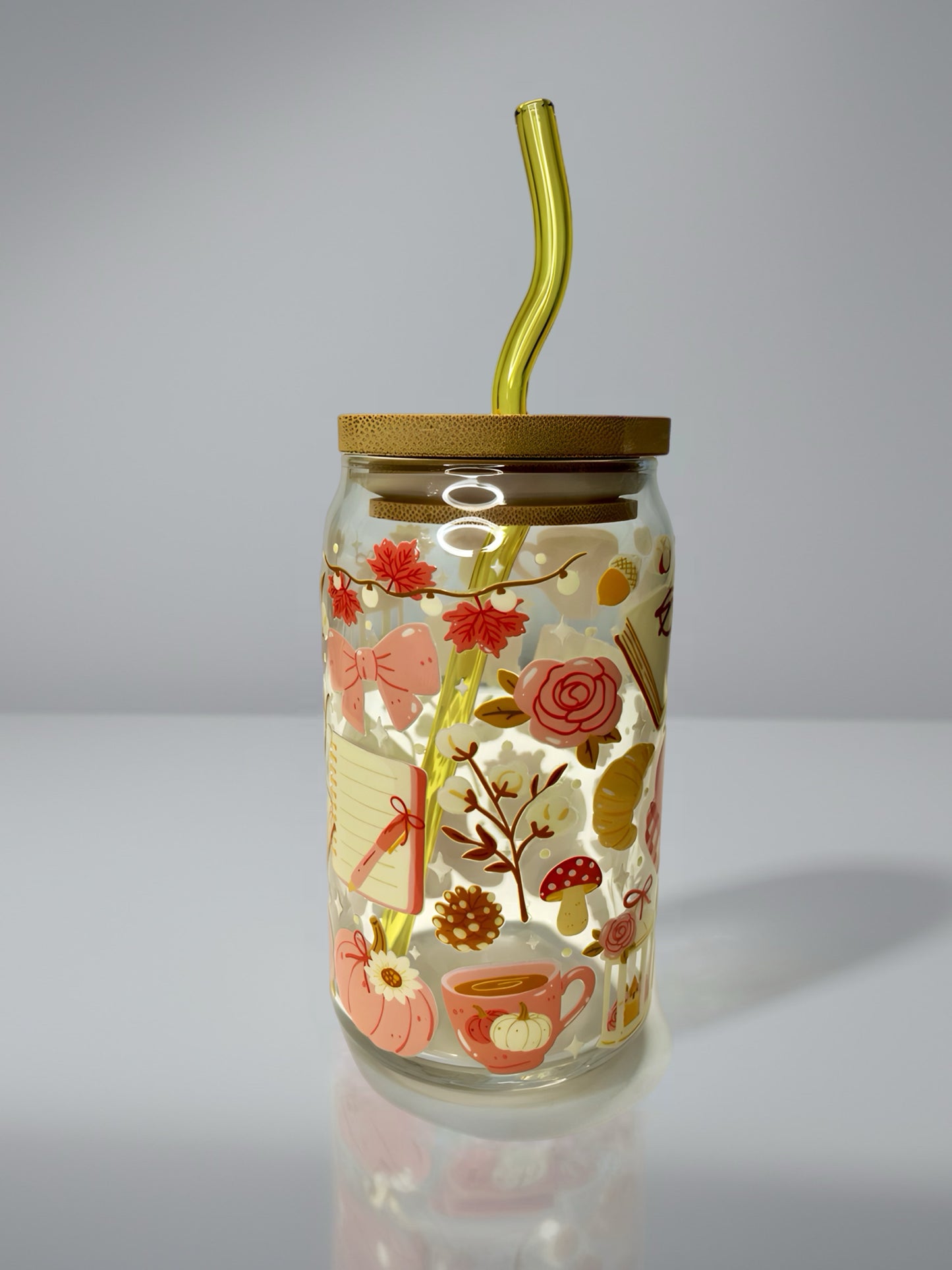 Pink Fall Glass Can Cup | Cozy Pumpkin Aesthetic with Bamboo Lid & Yellow Glass Straw