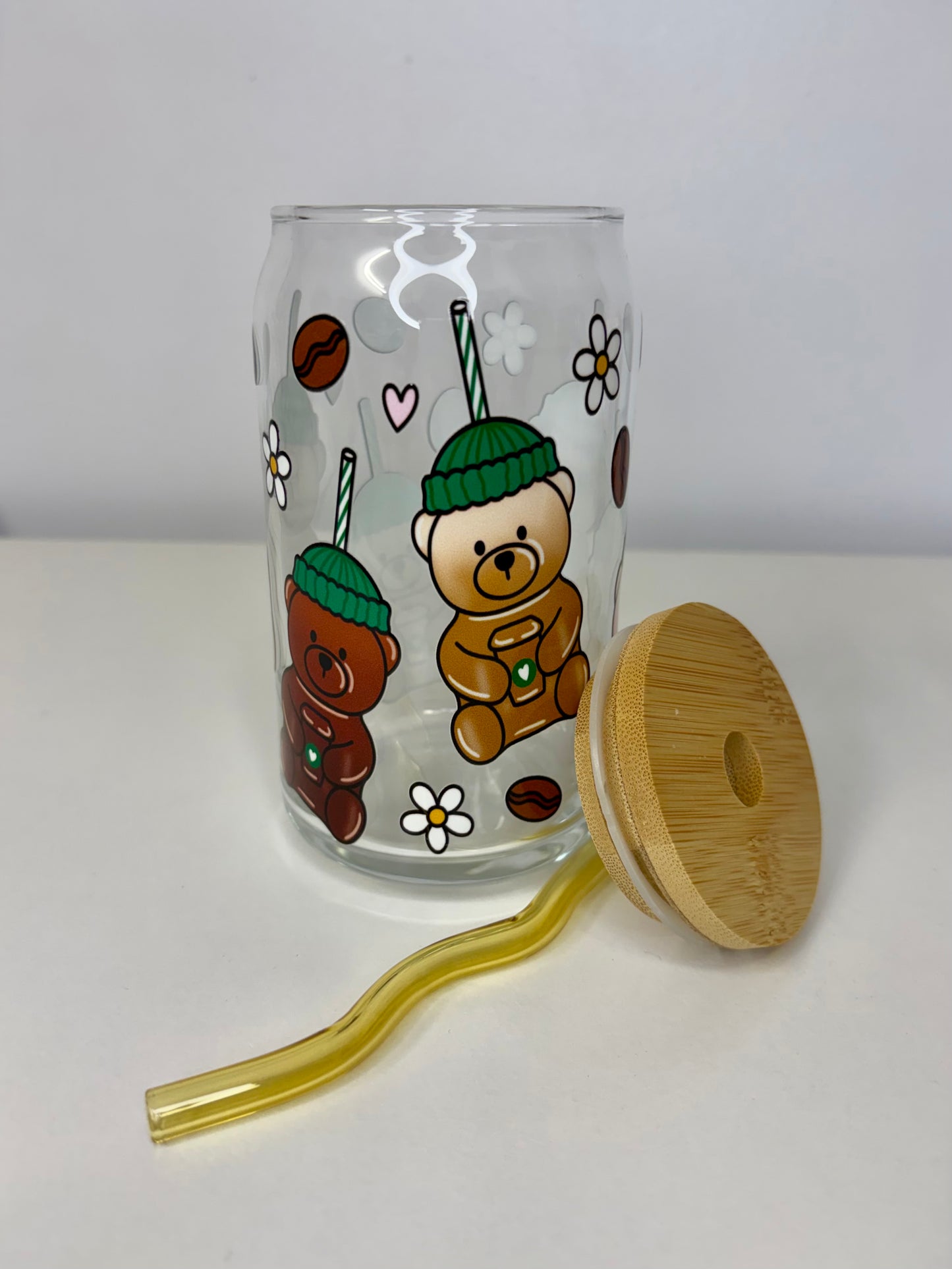 Coffee Bears Glass Can Cup, Bamboo Lid & Yellow Curved Glass Straw