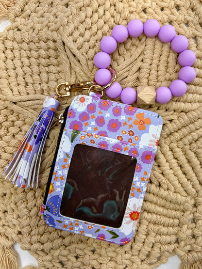 Purple Floral Boho Beaded Wristlet Wallet – Wrist Keychain Card Holder