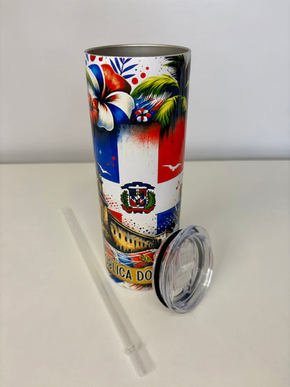 Republica Dominicana 20oz Stainless Steel Tumbler – Tropical Flag Design, Plastic Lid, Straw & Rubber Bottom