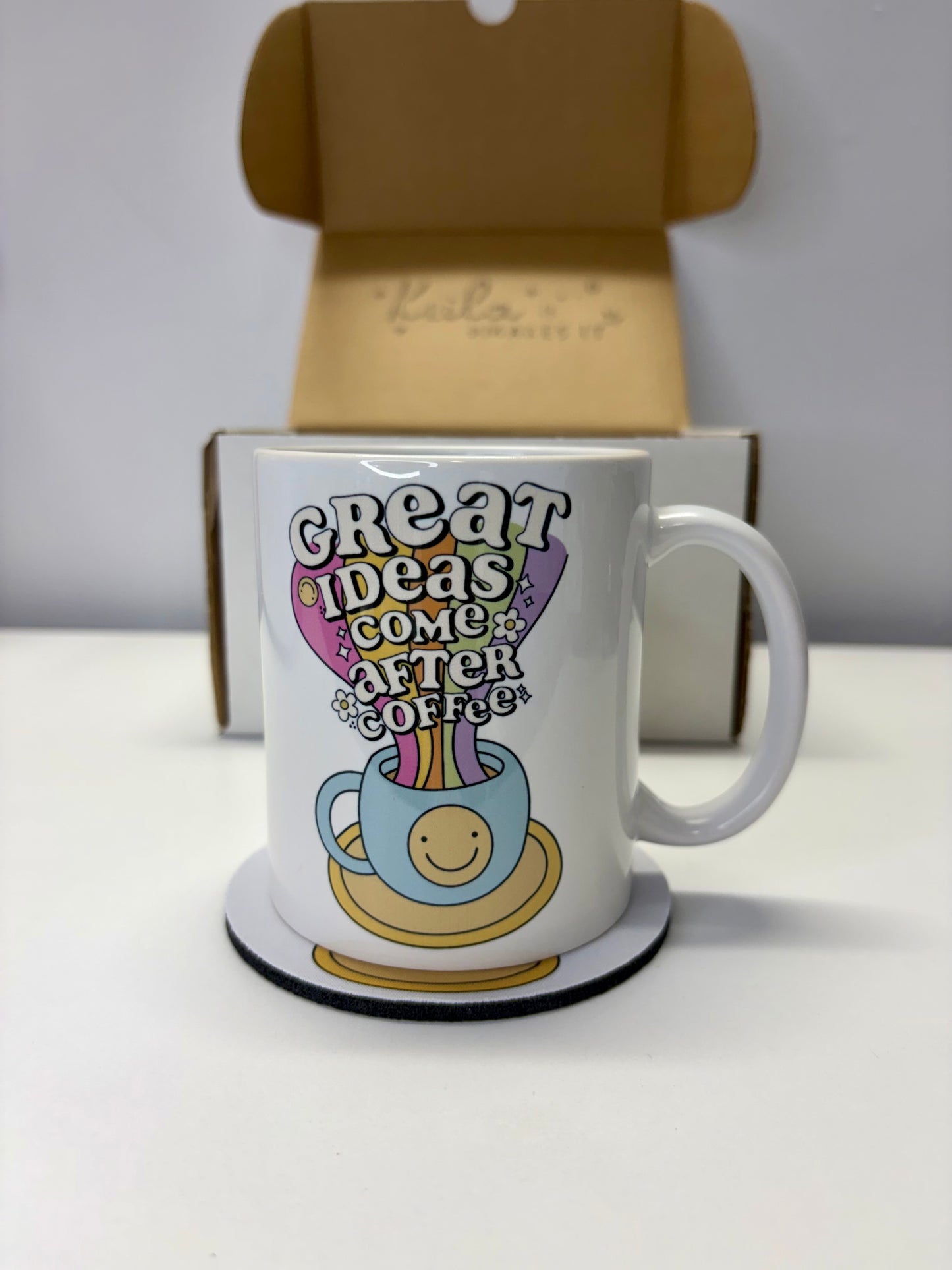 Great Ideas Come After Coffee Mug & Coaster Gift Set – Cute 11oz Ceramic Coffee Cup + Matching Coaster