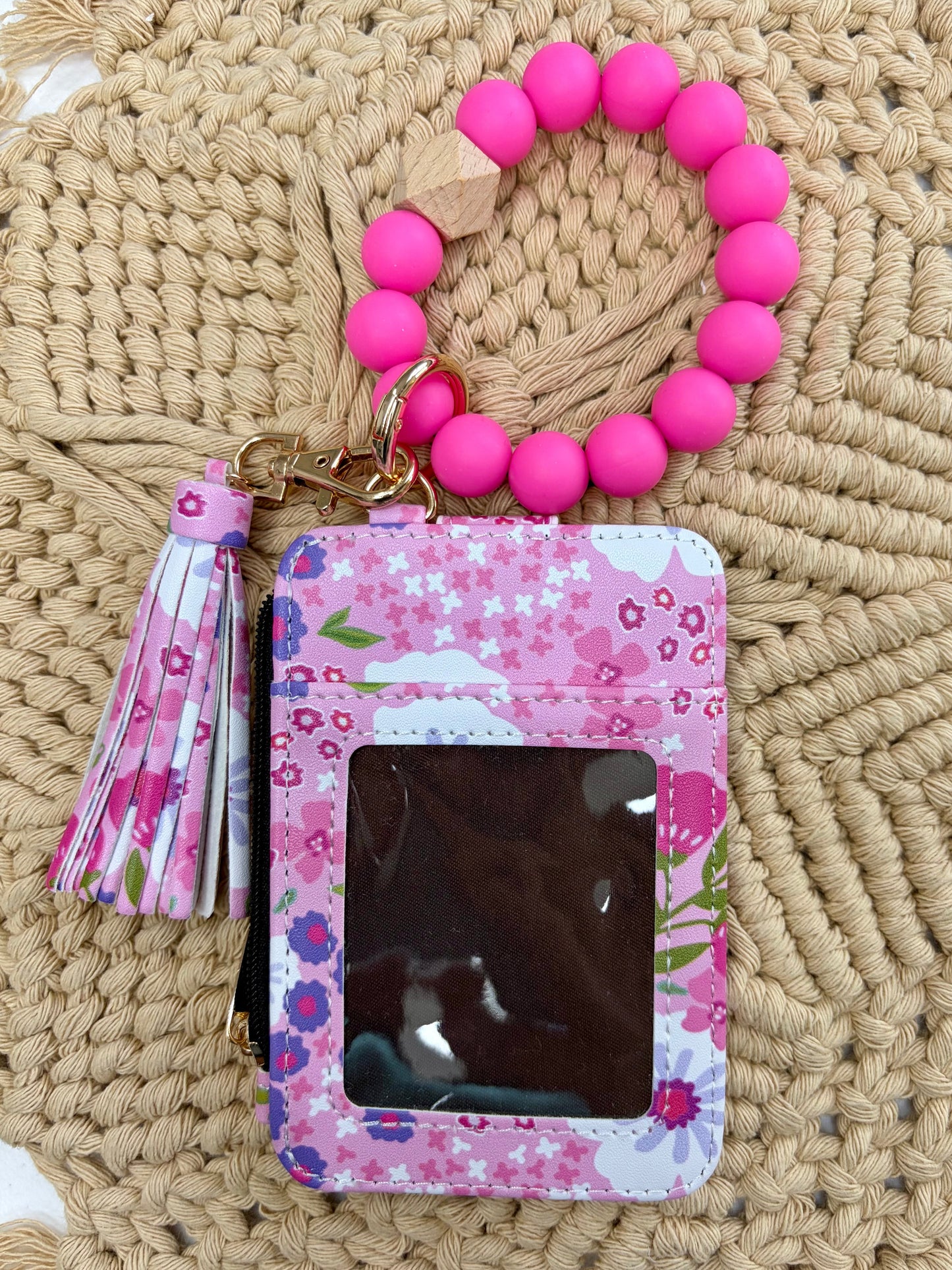 Pink Floral Boho Beaded Wristlet Wallet – Cute PU Leather ID Wallet