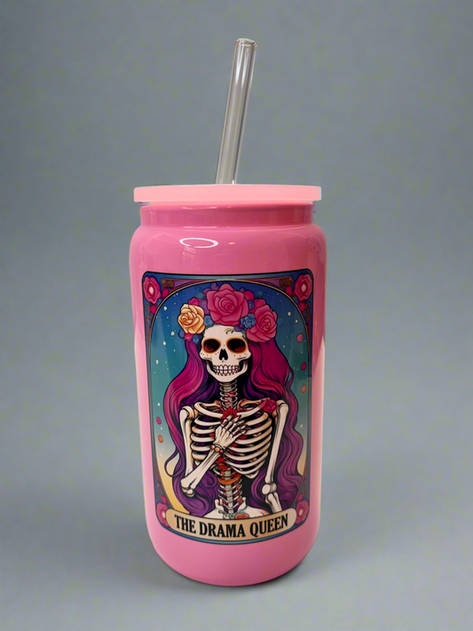 Pink “The Drama Queen” Tarot Card Glass Can Cup - UV DTF, Plastic Lid & Straw