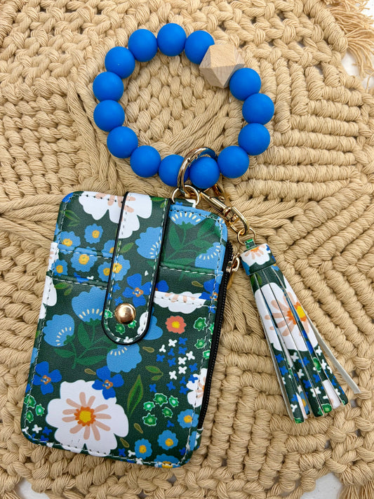 Blue Floral Boho Beaded Wristlet Wallet – PU Leather Card Holder with Bracelet