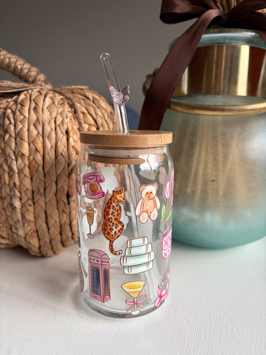 Cute Retro Glass Can Cup with Bamboo Lid & Curved Glass Straw 16oz