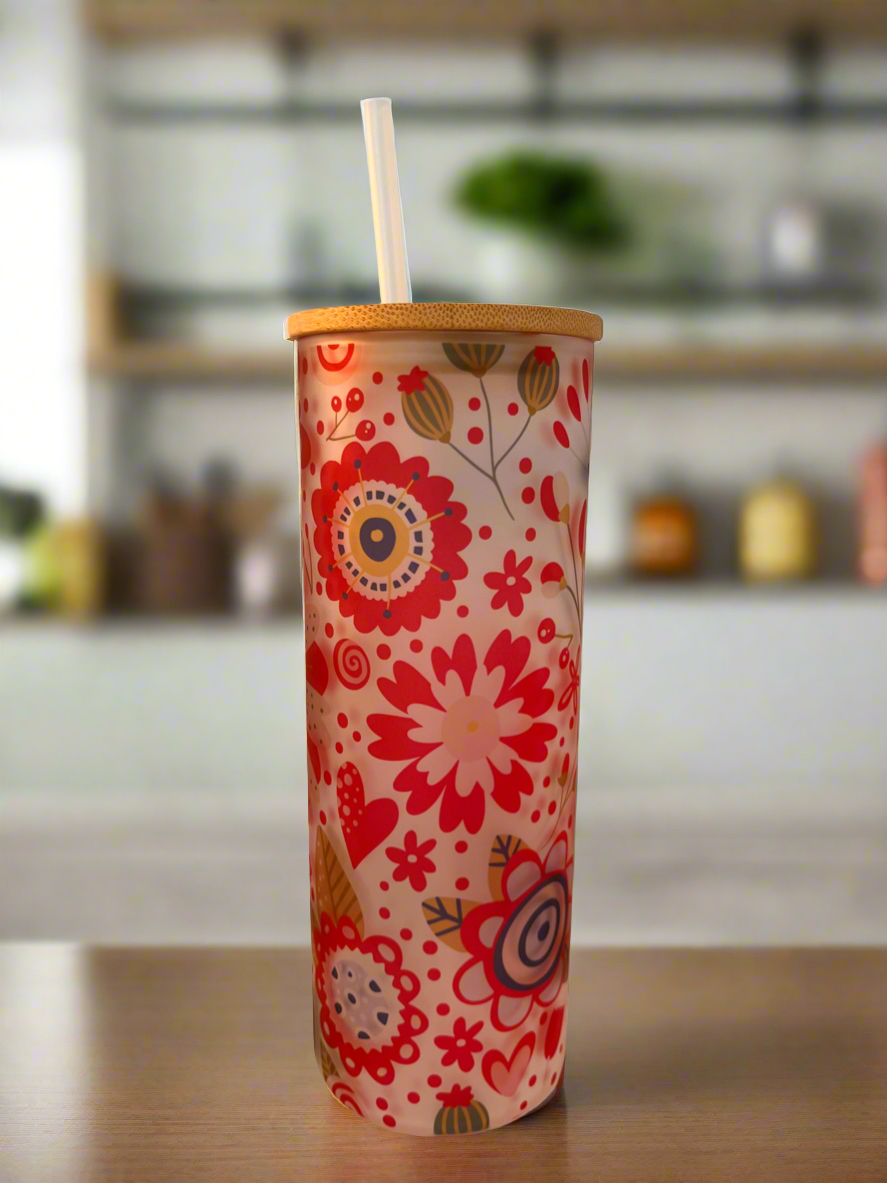 Flowers frosted glass tumbler 25 oz - Keila Makes It