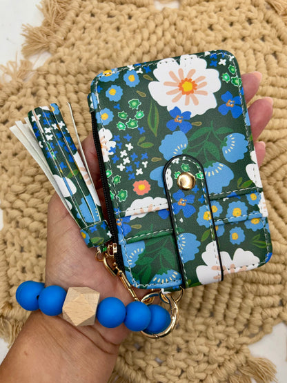 Blue Floral Boho Beaded Wristlet Wallet – PU Leather Card Holder with Bracelet