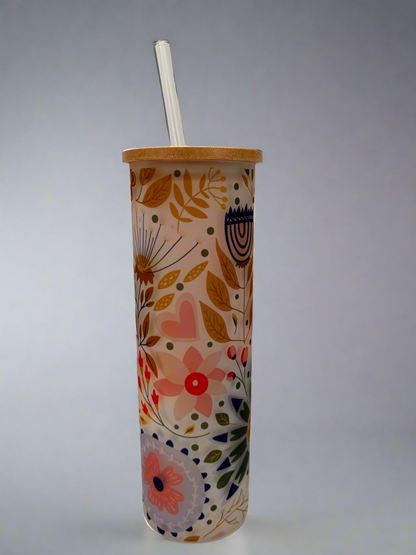 Elegant Floral Frosted Glass Tumbler - 20oz