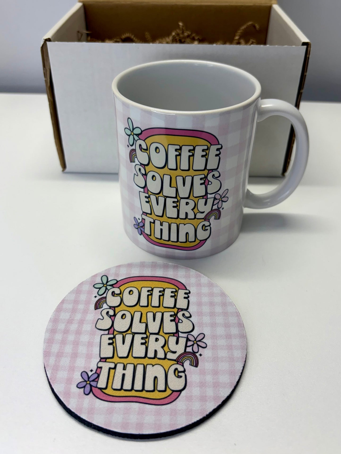 Coffee Solves Everything Mug & Coaster Gift Set – 11oz Ceramic Mug + Matching Coaster