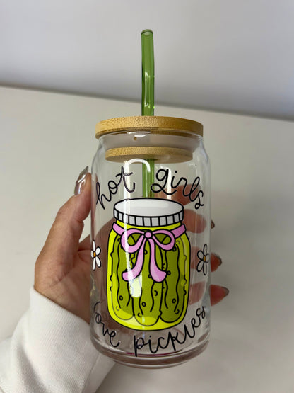 Hot Girls Love Pickles Glass Can Cup – 16oz UV DTF, Curved Green Straw & Bamboo Lid