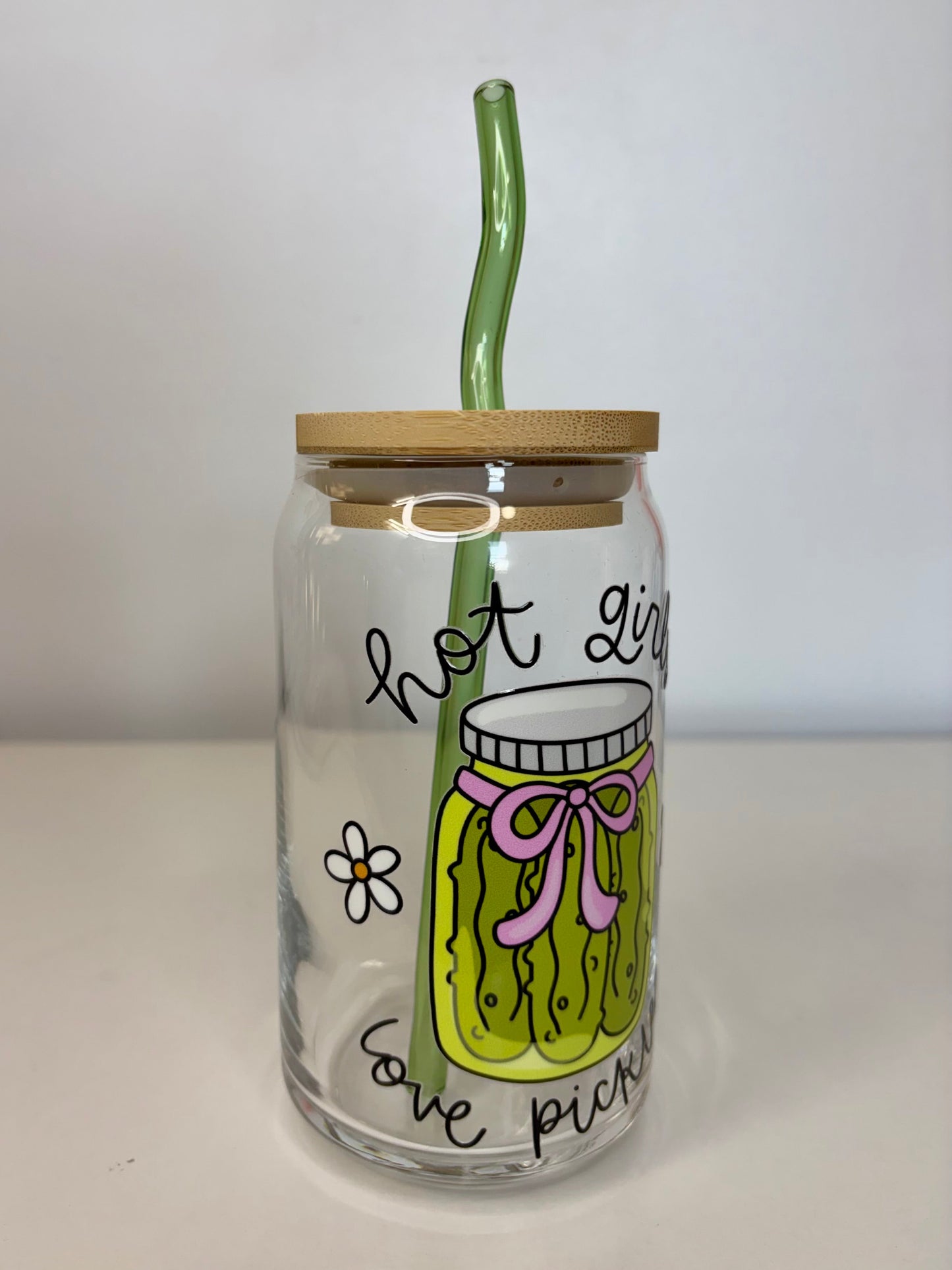 Hot Girls Love Pickles Glass Can Cup – 16oz UV DTF, Curved Green Straw & Bamboo Lid