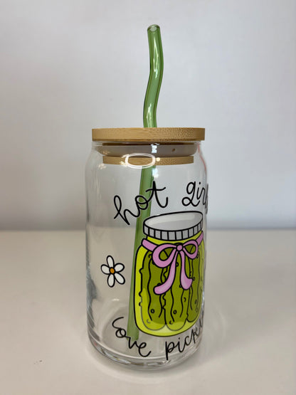 Hot Girls Love Pickles Glass Can Cup – 16oz UV DTF, Curved Green Straw & Bamboo Lid