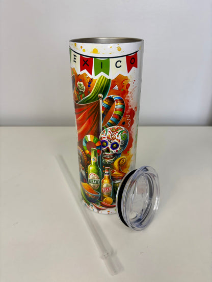 Mexico 20oz Stainless Steel Tumbler – Vibrant Mexican Design, Plastic Lid, Straw & Rubber Bottom
