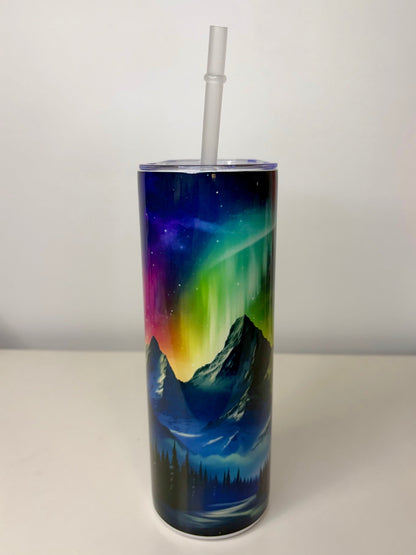 Northern Lights Mountain Landscape Stainless Steel Tumbler 20oz with Straw & Rubber Bottom
