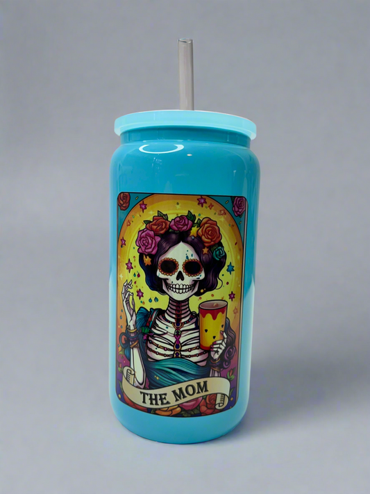 The Mom Tarot Card Blue Glass Can Cup - 16oz with plastic Lid & Straw