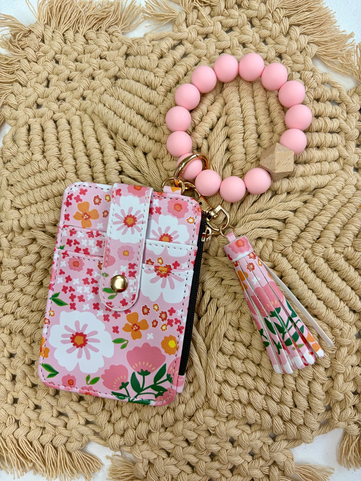 Blush Floral Boho Beaded Wristlet Wallet – Floral Keychain ID Holder