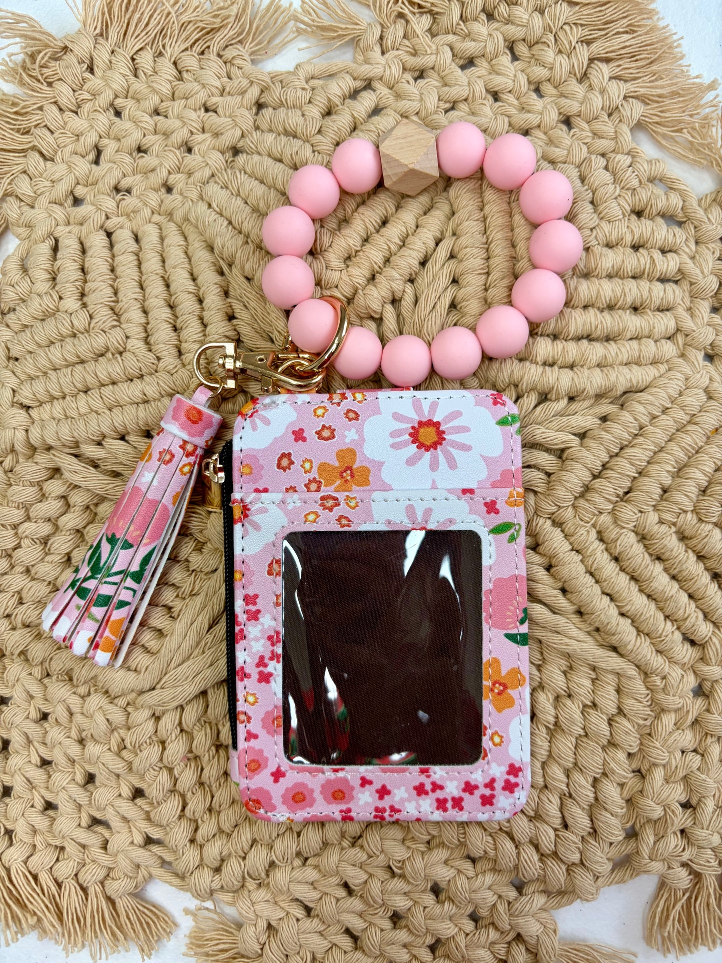 Blush Floral Boho Beaded Wristlet Wallet – Floral Keychain ID Holder