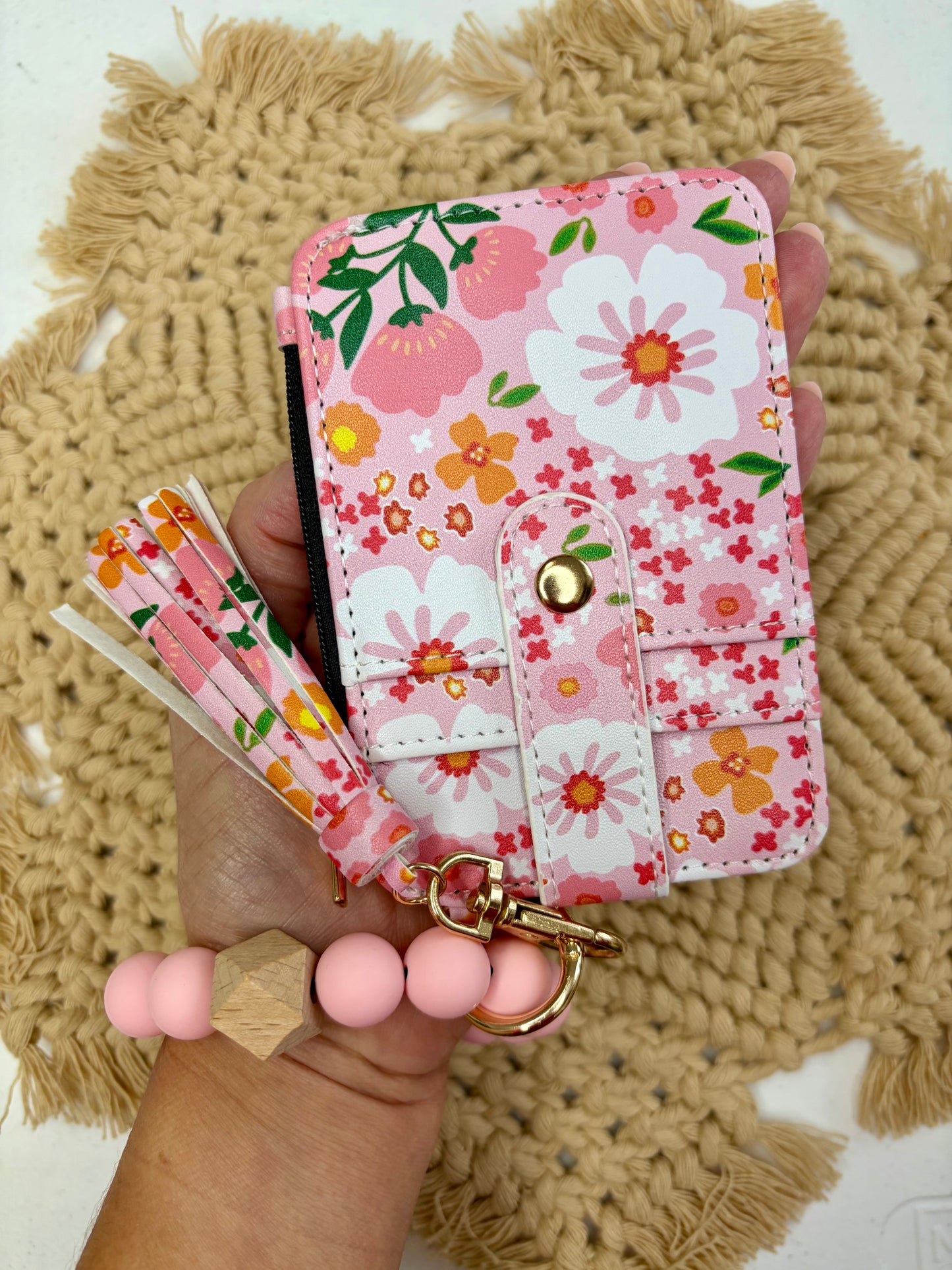 Blush Floral Boho Beaded Wristlet Wallet – Floral Keychain ID Holder