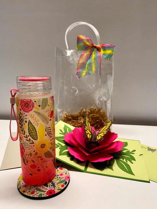 Clear gift bag with flowers frosted glass tumbler and butterfly 3D card - Keila Makes It