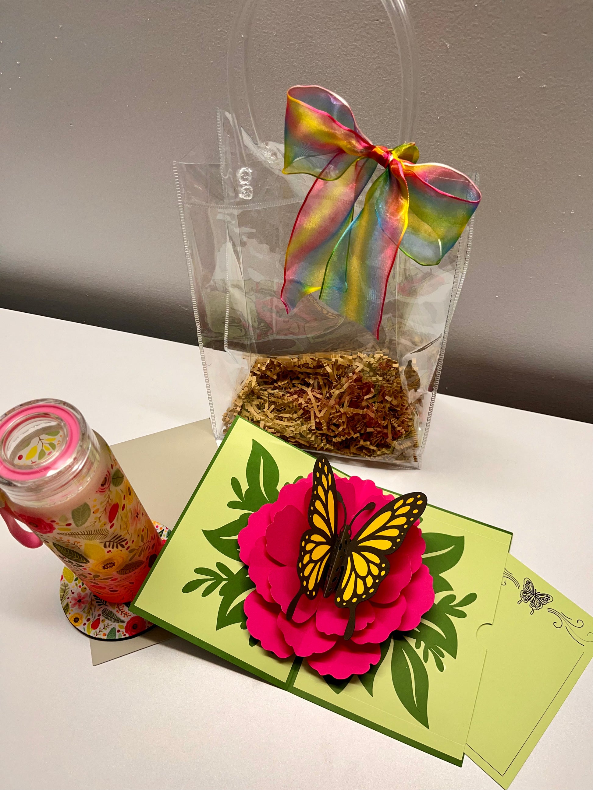 Clear gift bag with flowers frosted glass tumbler and butterfly 3D card - Keila Makes It