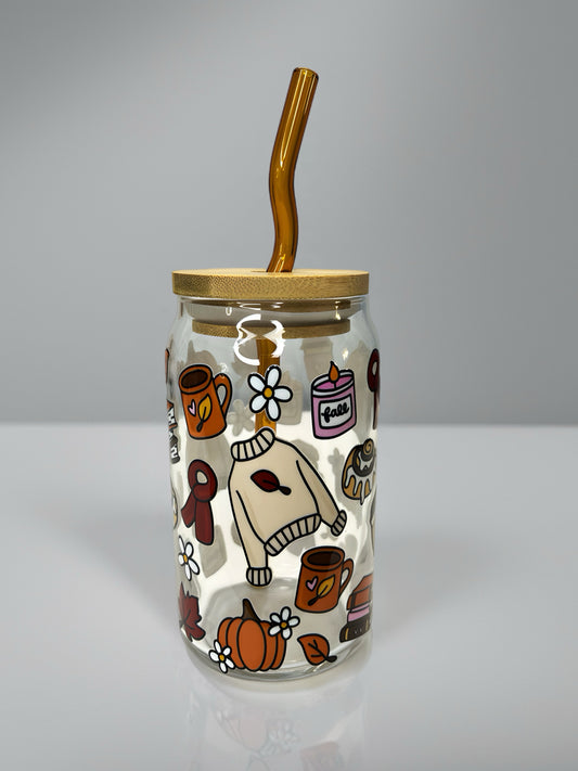 Fall Vibes Glass Can Cup with Bamboo Lid & Brown Curved Glass Straw | UV DTF Design