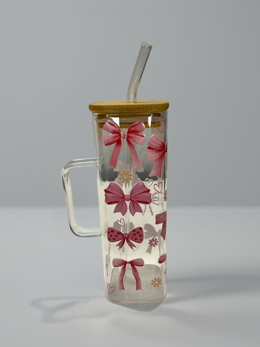 Square Glass Cup with Pink Bow Design – UV DTF, Bamboo Lid & Glass Straw