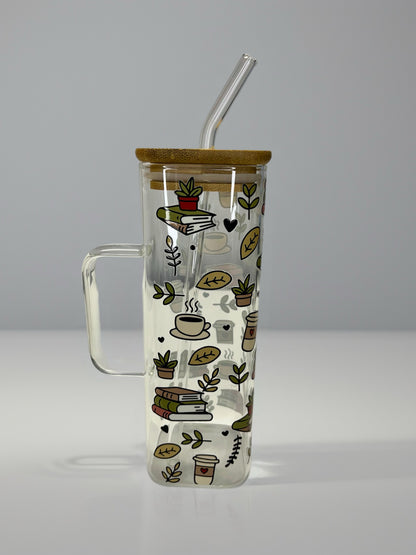 Square Glass Cup with Books & Coffee UV DTF Design | Bamboo Lid & Glass Straw