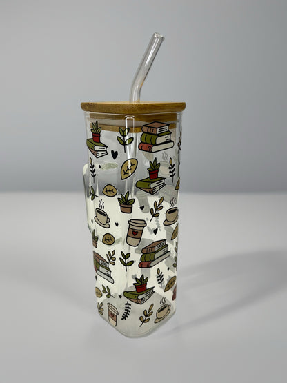 Square Glass Cup with Books & Coffee UV DTF Design | Bamboo Lid & Glass Straw
