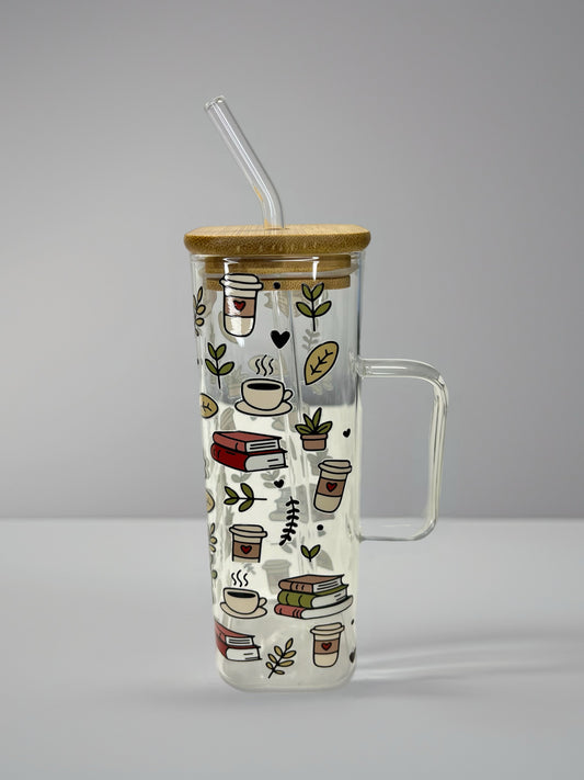 Square Glass Cup with Books & Coffee UV DTF Design | Bamboo Lid & Glass Straw