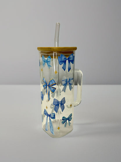 Blue Bow Square Glass Cup with Handle – Bamboo Lid & Glass Straw