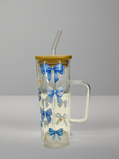 Blue Bow Square Glass Cup with Handle – Bamboo Lid & Glass Straw