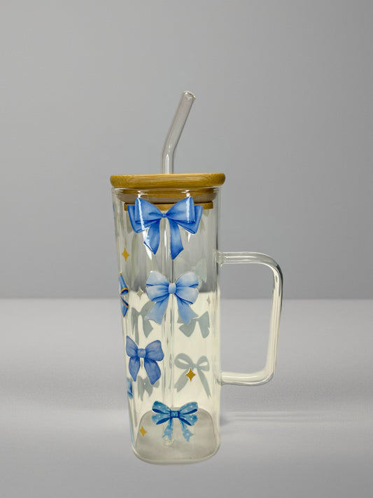 Blue Bow Square Glass Cup with Handle – Bamboo Lid & Glass Straw