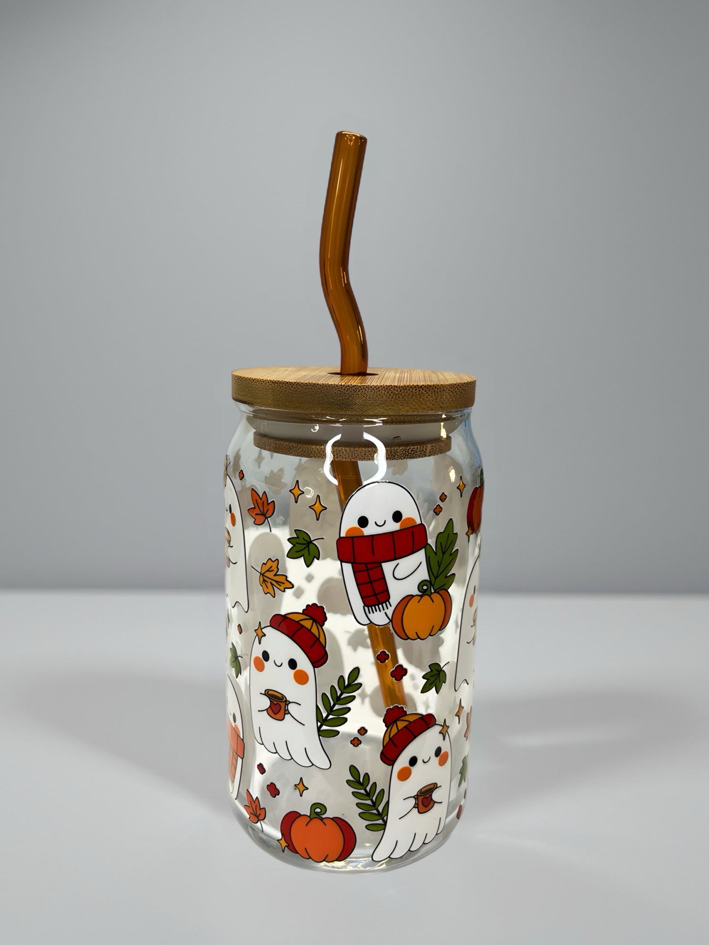 Cute Ghost & Pumpkin Fall Glass Can Cup with Bamboo Lid & Brown Glass Straw – UV DTF Design